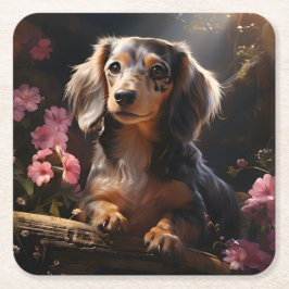 Dackel unter den Blüten Rechteckiger Pappuntersetzer