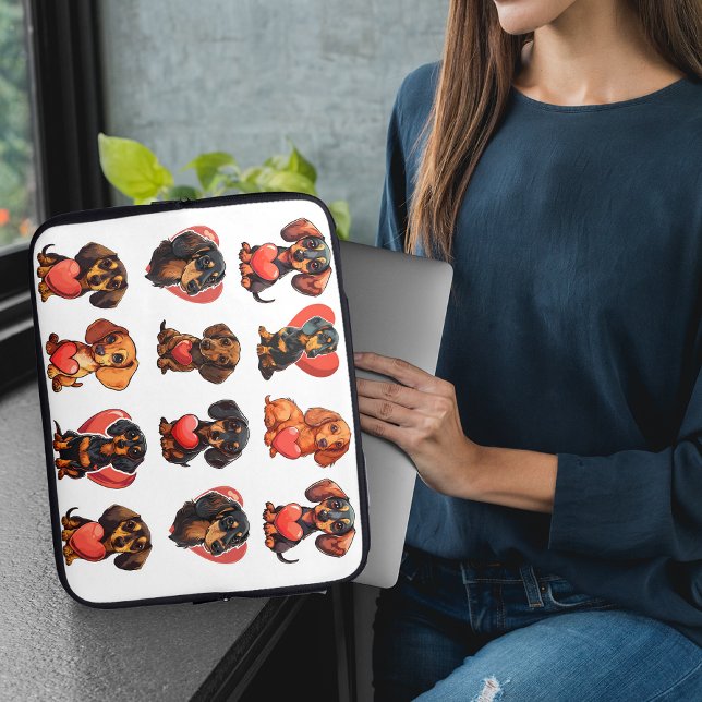 Dackel Wasserfarbe Valentine Laptopschutzhülle (Watercolor Dachshund Valentine with Red Heart Laptop Sleeve)