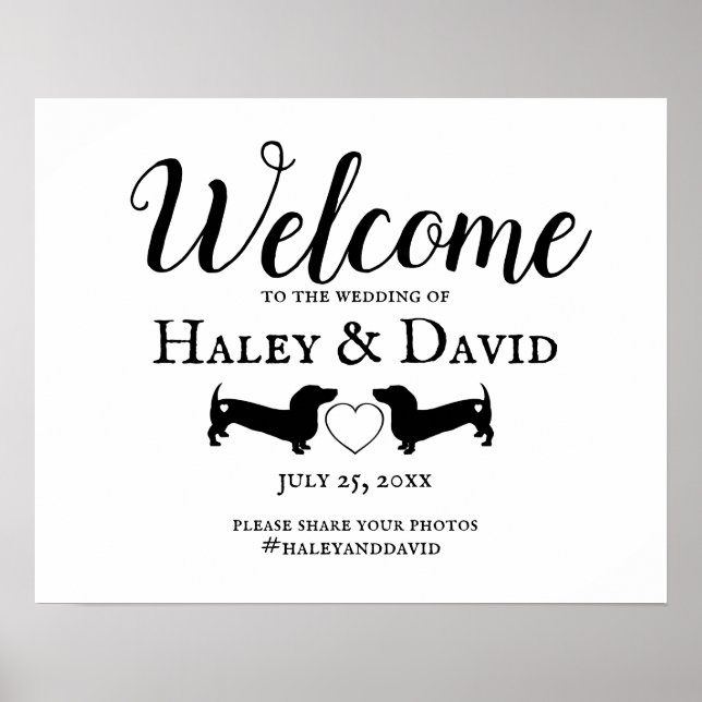 Dackel Wedding Welcome Sign mit Hashtag Poster (Vorne)