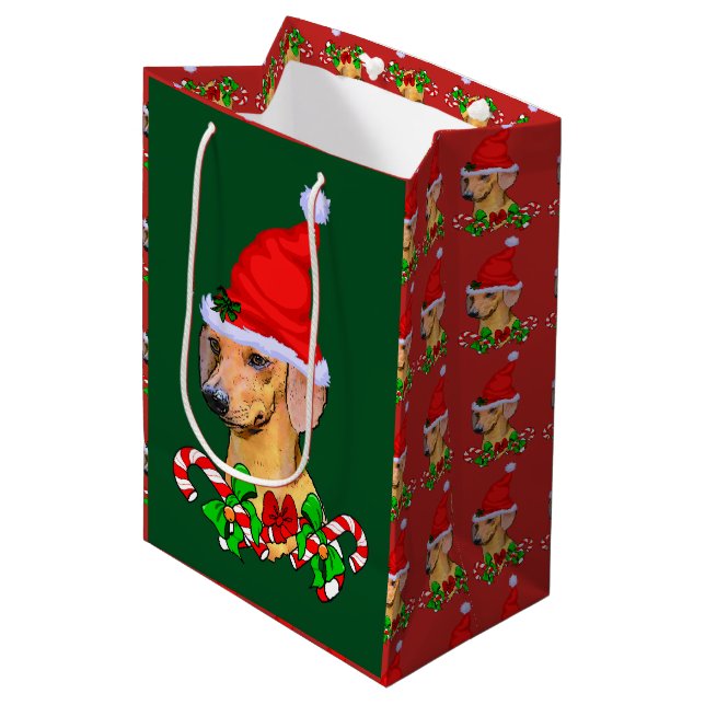 Dackel Weihnachten froh Mittlere Geschenktüte (Vorderseite Schrägansicht)