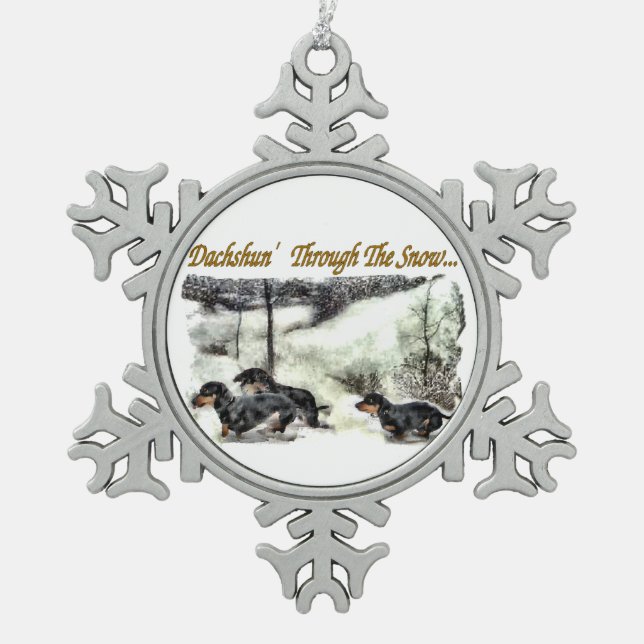 Dackel Weihnachten Schneeflocken Zinn-Ornament (Vorderseite)
