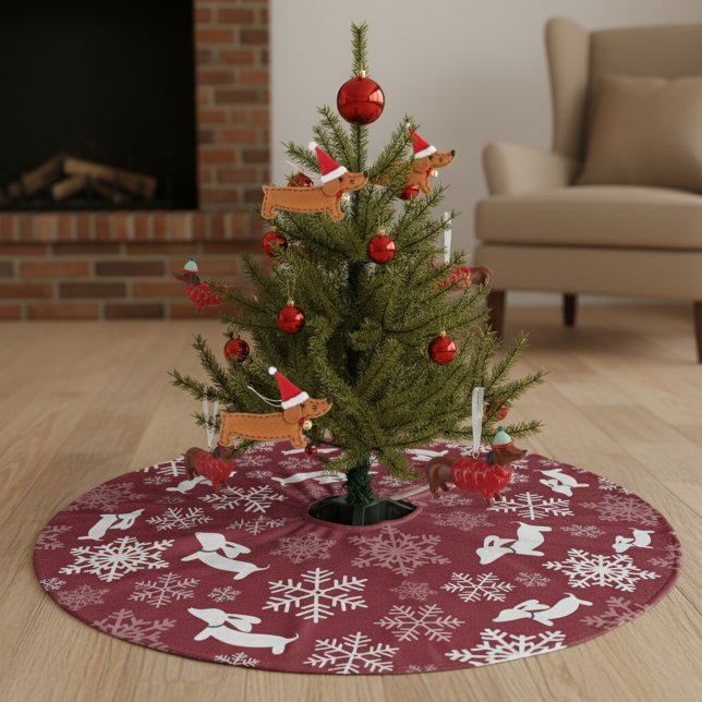 Dackel Weihnachtsbaum Dackel Dog Holiday Polyester Weihnachtsbaumdecke (Red and white dachshund Christmas tree skirt, featuring tiny dachshunds and snowflakes)