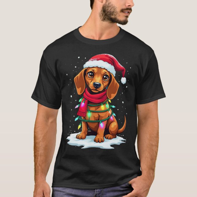 Dackel Weihnachtsbaum Niedliche Weihnachtsmannmütz T-Shirt (Vorderseite)
