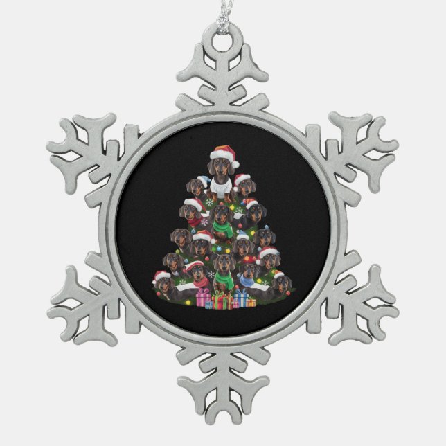 Dackel Weihnachtsbaum Schneeflocken Zinn-Ornament (Vorderseite)