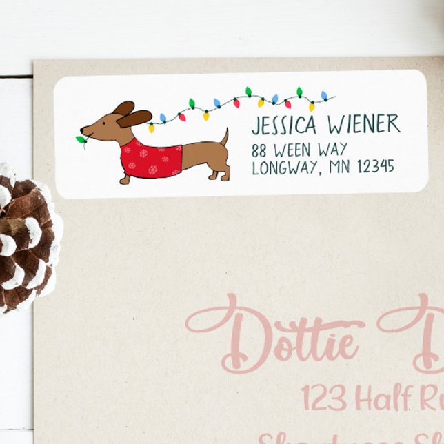 Dackel Weihnachtsbeleuchtung festliche Adressetike (Naughty Dachshund Christmas card return address labels - running with Christmas tree lights!)
