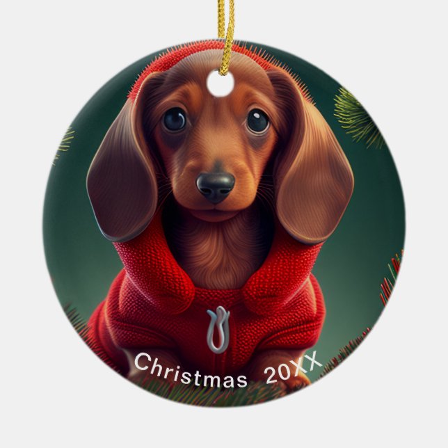 Dackel Weihnachtsdatum oder Pet-Foto hinzufügen Keramik Ornament (Vorne)
