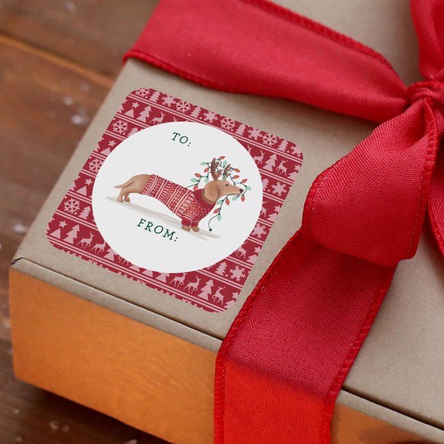 Dackel Weihnachtshund Gemütlich Rotschnüffel Quadratischer Aufkleber (Dachshund Christmas Dog Cozy Red Knitted Sweater Square Sticker)