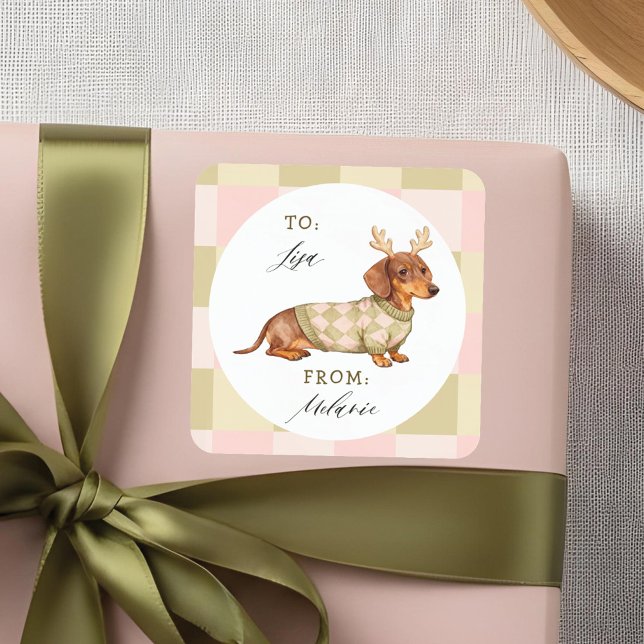 Dackel Weihnachtshund Schachtelkraut Quadratischer Aufkleber (Dachshund Christmas Dog Checkered Knitted Sweater Square Sticker)