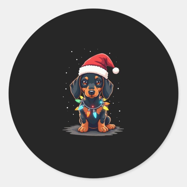 Dackel Weihnachtslicht Weihnachtsmannmütze Weihnac Runder Aufkleber (Vorderseite)