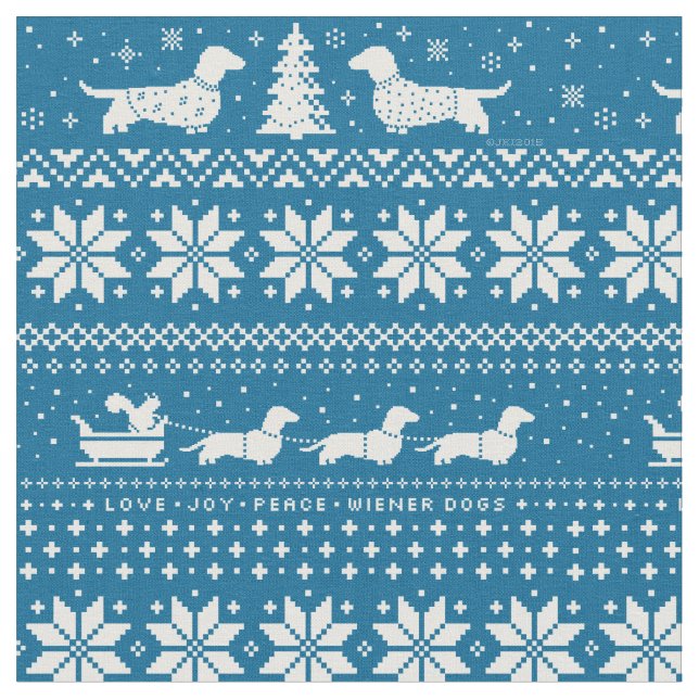 Dackel-Weihnachtsstrickjacke-Muster-Blau Stoff (Nahaufnahme)