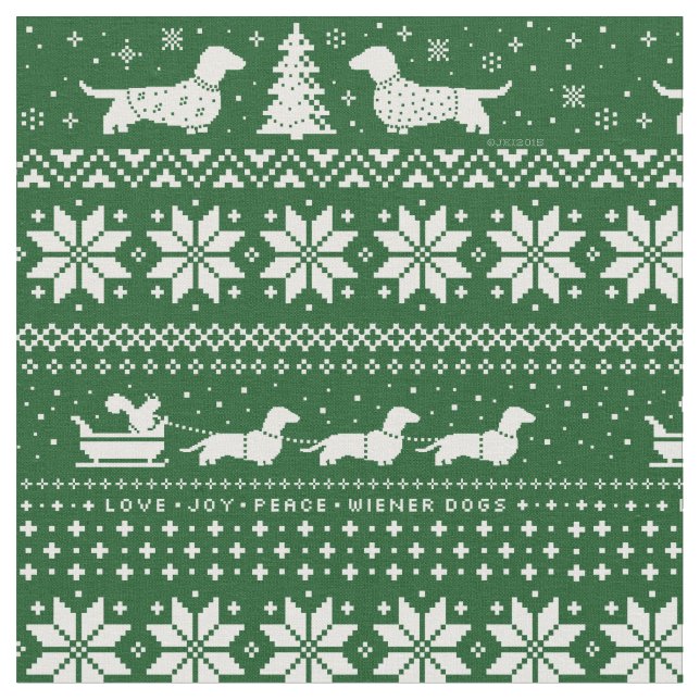 Dackel-Weihnachtsstrickjacke-Muster-Grün Stoff (Nahaufnahme)