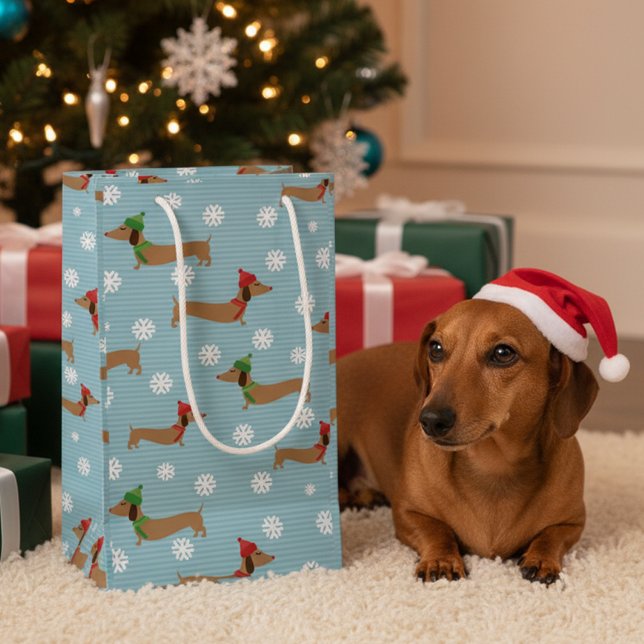 Dackel Weihnachtswrapping Paper Niedliche Schneefl Kleine Geschenktüte (Blue dachshund Christmas gift bag - variety of sizes)