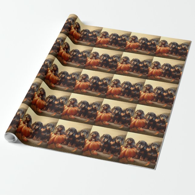 Dackel Welpe Herbst Kürbis Geschenkpapier (Ungerollt)