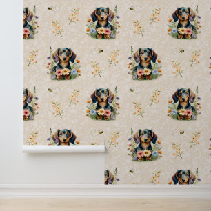 Dackel Welpe Hund Schwarzer Tan Wild Blume Creme Tapete