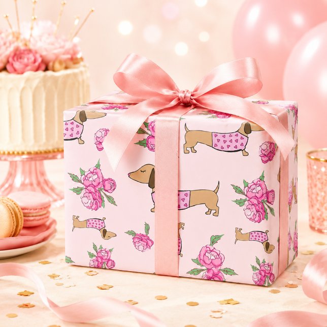 Dackel Wrapping Paper Pink Floral Geschenkwrap Geschenkpapier (Dachshund Wrapping Paper Pink Floral Gift Wrap)