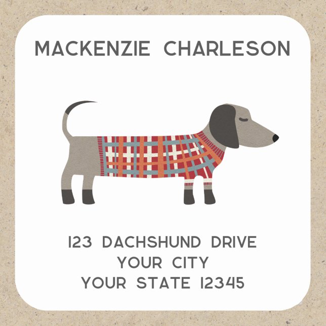 Dackel Wurst Dackel Hund Personalisierte Adresse Quadratischer Aufkleber (Fun Dachshund Wiener Sausage Dog personalized return address label sticker)