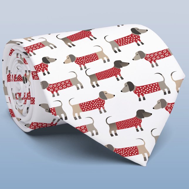 Dackel Wurst Dackel Hund Urlaub Krawatte (Festive Dachshund Sausage Wiener Dogs in red and white knitwear on a tie )
