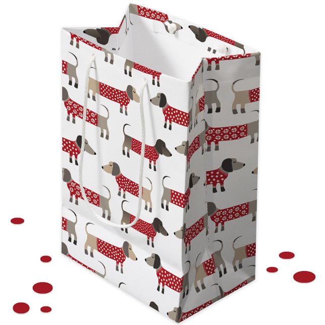 Dackel Wurst Dackel Hund Urlaub Mittlere Geschenktüte (Gift bag featuring festive Dachshund Sausage Wiener Dogs in red and white knitwear)