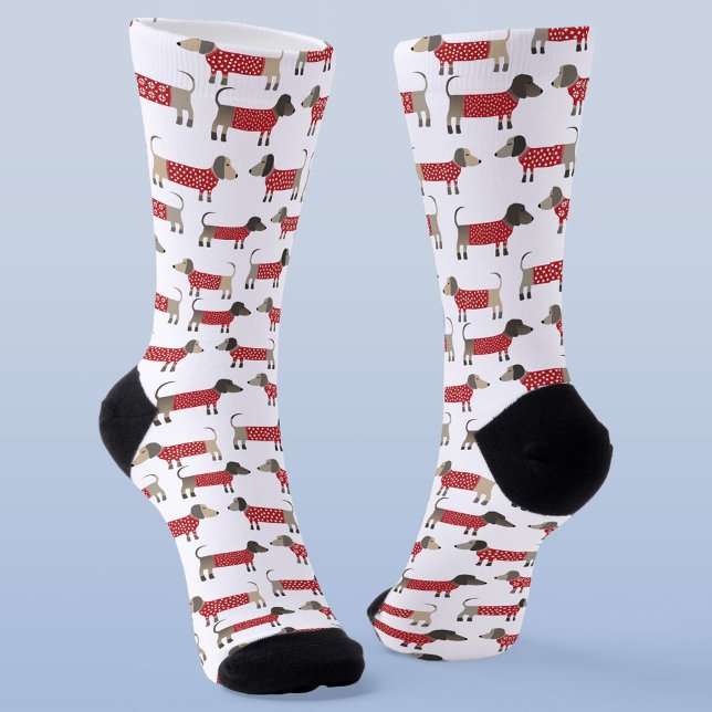 Dackel Wurst Dackel Hund Urlaub Socken (Festive Dachshund Sausage Wiener Dogs in red and white knitwear on unisex socks)