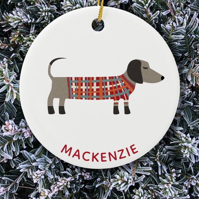 Dackel Wurst Hund Individuelle Name Keramik Ornament (Dachshund Wiener Sausage Dog fun personalized name Christmas ornament)