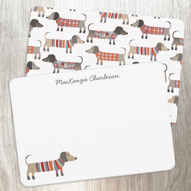 Dackel Wurst Hund Personalisiert Stationery Mitteilungskarte (Dachshund Wiener Sausage Dog personalized modern script custom name note card)