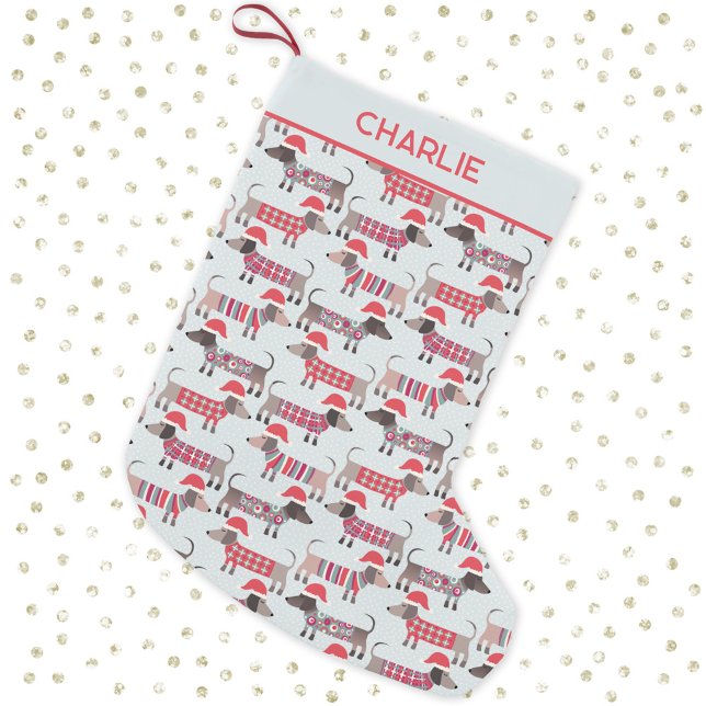 Dackel Wurst Hunde Weihnachtshäuser Personalisiert Kleiner Weihnachtsstrumpf (Fun dachshund wiener sausage dogs in Santa Hats pattern personalized Christmas stocking)