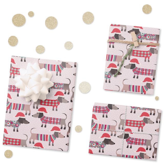Dackel Wursthunde in Weihnachtshasen und Stricks Geschenkpapier Set (Fun Christmas Dachshund Wiener Sausage dog pattern holiday gift wrapping paper sheets)