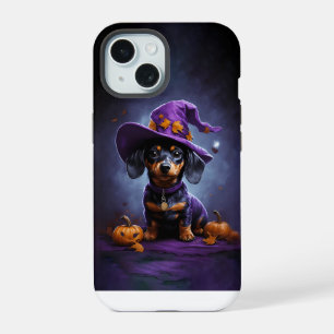 Dackel-Zauberer mit Halloween-Kürbis iPhone 15 Hülle