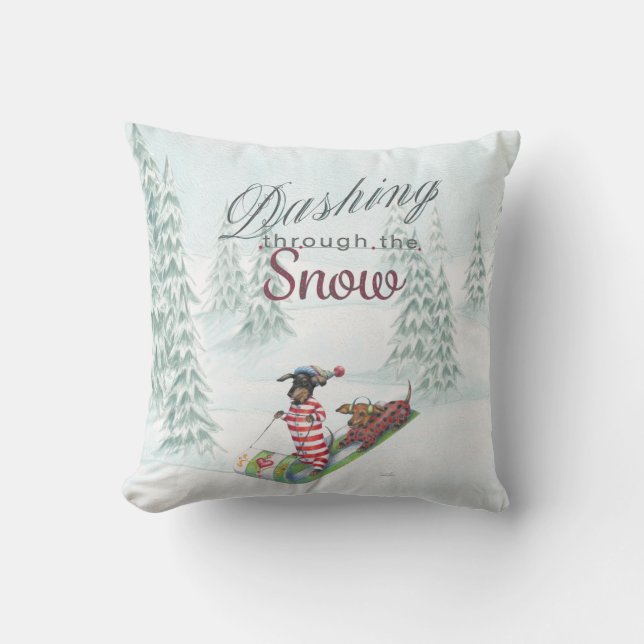 Dackeln, die durch das Schneekissen stürzen Kissen (Vorderseite)