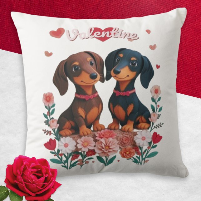 Dackeln Hört Blume Hunde Valentinstag Kissen (A cute cushion for Valentine's Day, with picture of two dachshunds with hearts and flowers)