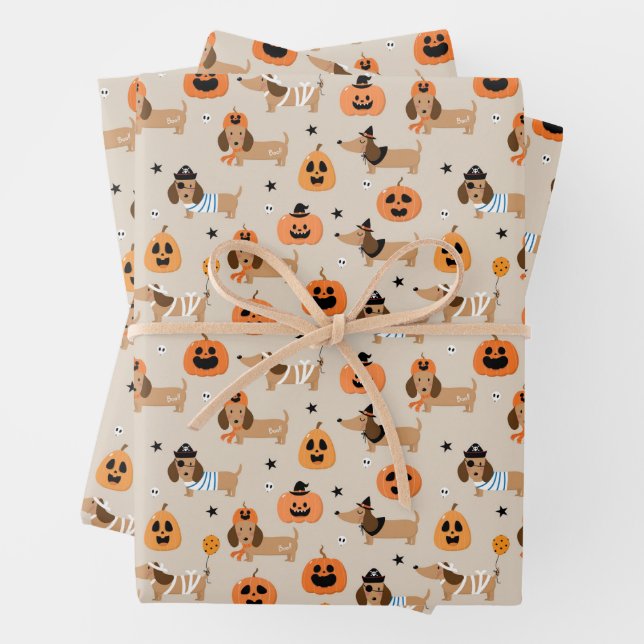 Dackeln im Halloween-Kostümmuster Geschenkpapier Set (Beispiel)