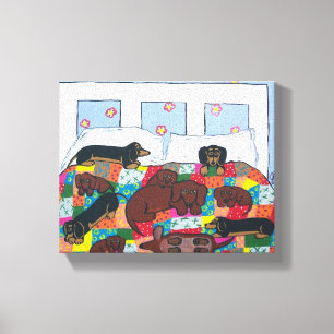 Dackeln in der Bett-Leinwand-Kunst Leinwanddruck