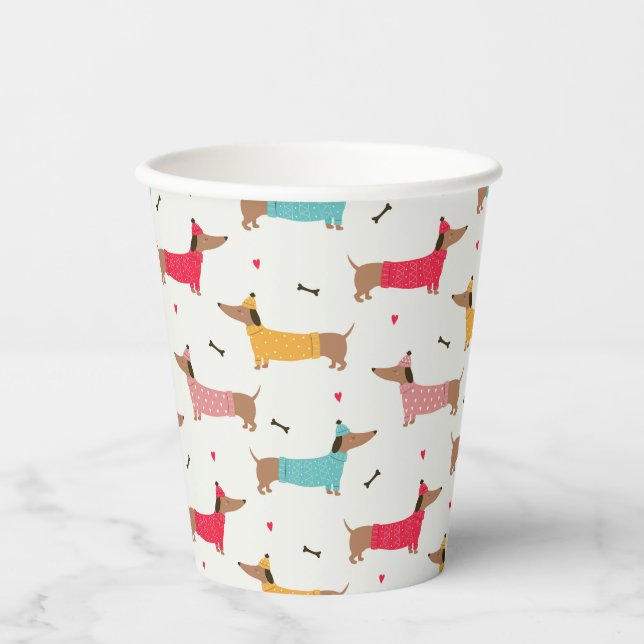 Dackeln in Sweaters Holiday Pattern Pappbecher (Vorderseite)