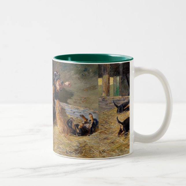 Dackeln mit Welpe in der stabilen Hermine Bieder Zweifarbige Tasse (Rechts)