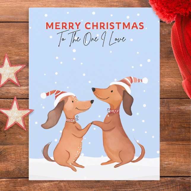 Dackeln Wurstwaren Hunde One I Liebe Frohe Weihnac Postkarte (A cute postcard featuring two dachshunds in snow. 'Merry Christmas' and 'To The One I Love' words)