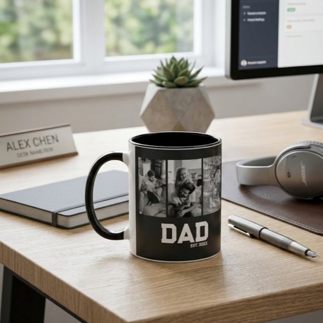 Dad Est 3 Photo Black & White Year Father's Day  Tasse (Von Creator hochgeladen)
