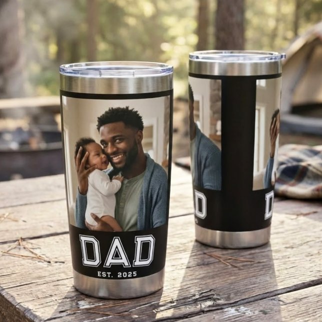 Dad Established 2 Photo Collage Customized Black Thermobecher (Von Creator hochgeladen)