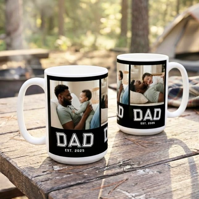 Dad Established 3 Photo Collage Custom White Black Kaffeetasse (Von Creator hochgeladen)