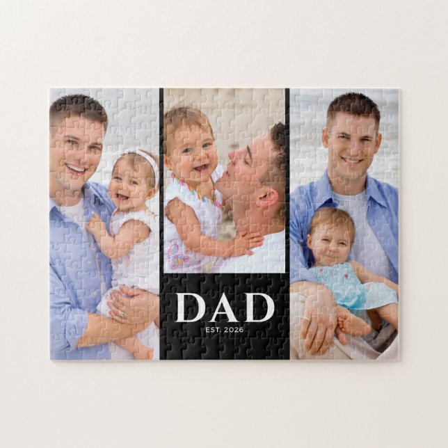 Dad Established Modern Black 3 Photo Puzzle (Horizontal)