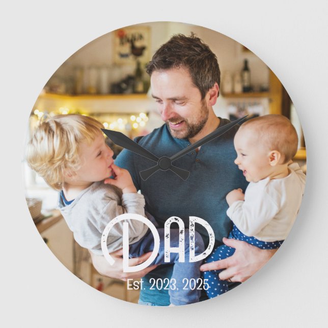 Dad Established Photo Black White Grunge Große Wanduhr (Vorderseite)
