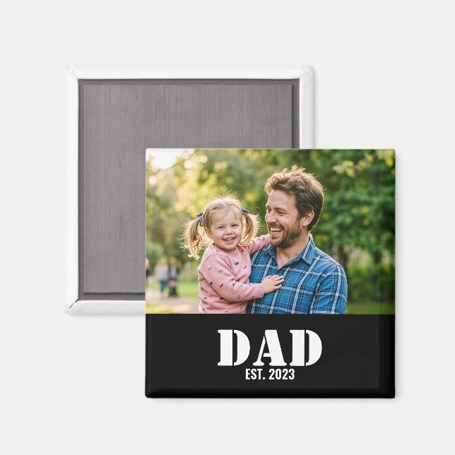 Dad Established Simple Bold White Text and Photo Magnet (Vorderseite/Rückseite)