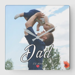 Dad Gegründet Lustige Schrift Foto Herz Quadratische Wanduhr