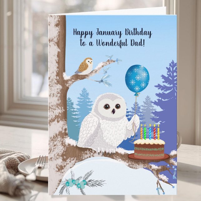 Dad Happy January Birthday Snowy Owl Karte (Von Creator hochgeladen)