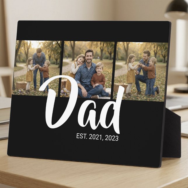 Dad hat elegantes schwarzes Skript 3 Foto eingeric Fotoplatte (Dad Established Elegant Script Black 3 Photo Plaque)
