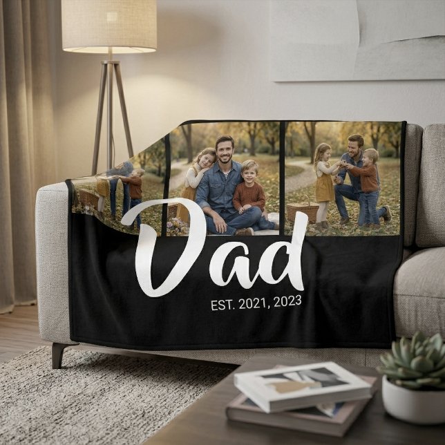 Dad hat elegantes Skript Schwarz 3 Foto erstellt Fleecedecke (Dad Established Elegant Script Black 3 Photo Fleece Blanket)
