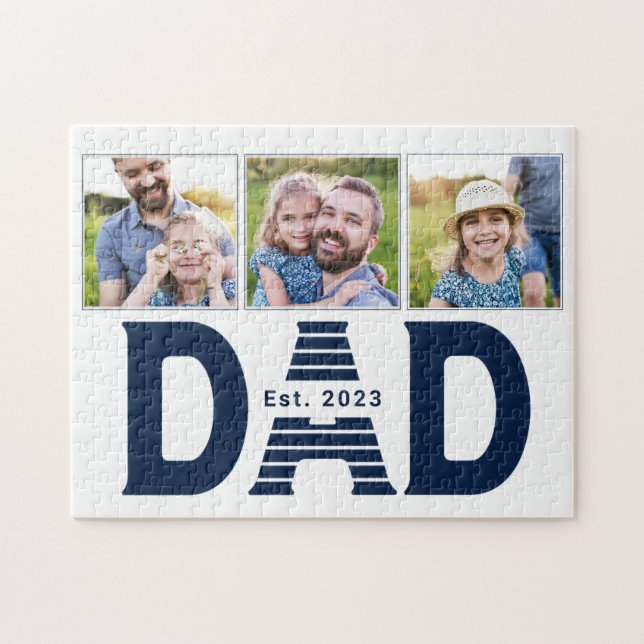 Dad hat Navy Blau Modern Einfach 3 Foto eingericht Puzzle (Horizontal)