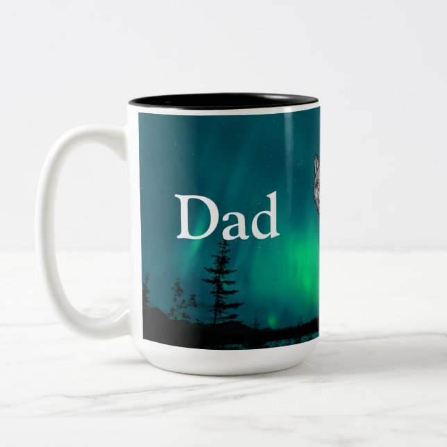 Dad Is Mentor, Guide, Strength & Heart Wolf Mug Zweifarbige Tasse (Links)