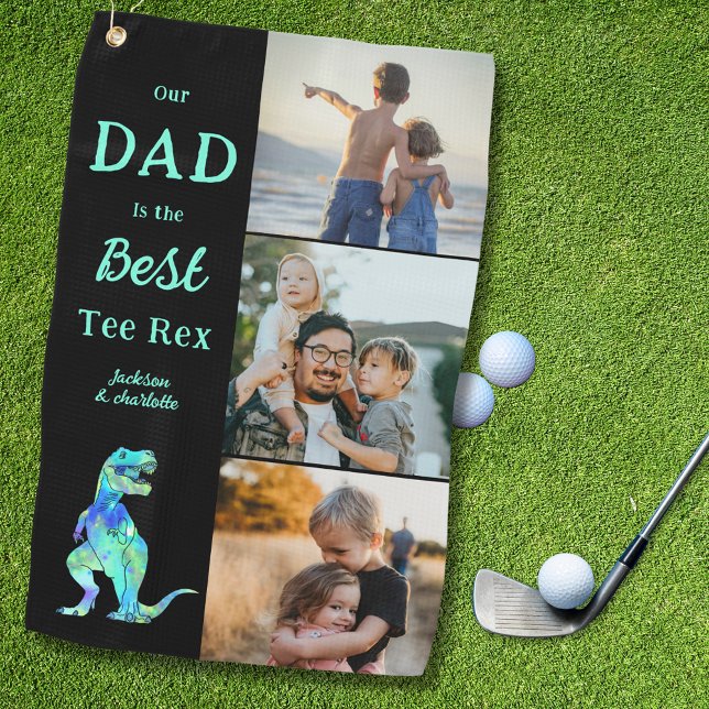 Dad is the Best Tee Rex 3 Photo Funny  Golfhandtuch (Our dad is the best tee Rex custom 3 photo kids names funny dinosaur golfing joke golf towel for dad)