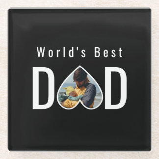 Dad Photo in Black Heart Frame Modern Text Glasuntersetzer