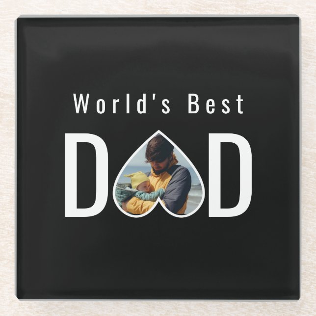 Dad Photo in Black Heart Frame Modern Text Glasuntersetzer (Vorderseite)